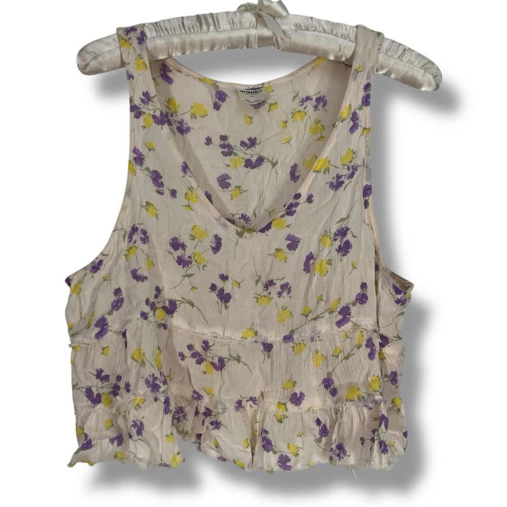 Intimately Free People Floral Tank Cream Purple Yellow Sleeveless Cropped Sz Sm